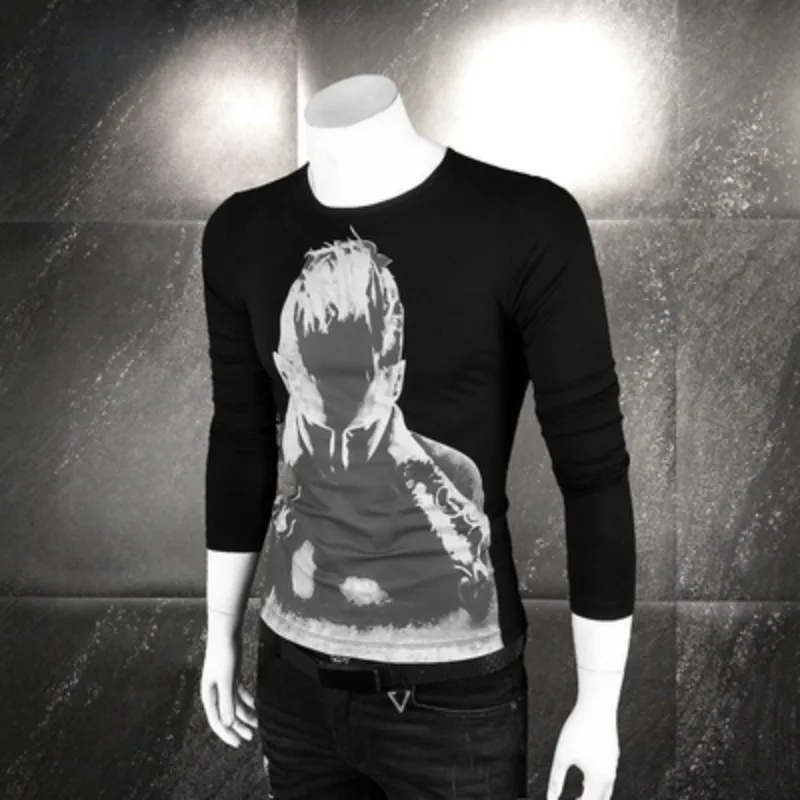 

Mens Long-Sleeve T-Shirt Round Neck Slim Fit Printed Cotton Males Tops Korean Style Black White Spring Autumn Fashion Casual