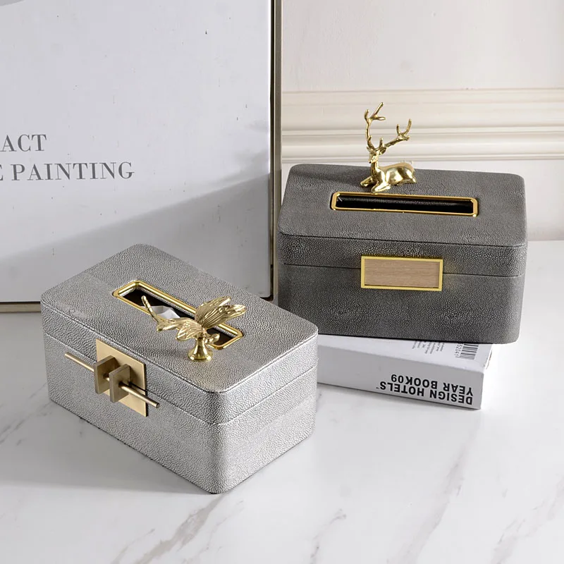 

Home Model Room Soft Decor Ornaments Paper Box Desktop Leather Tissue Box Home Living Room With Brass Elk Dragonfly Figurines