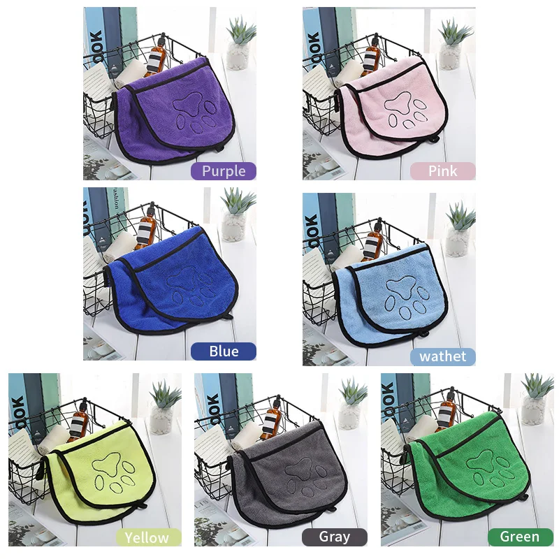 Pets Dog Bath Towels Super Absorbent Drying Towel With Double Pocket Soft Paw Print Blanket for Dogs Bathrobe Cleaning Supplies |