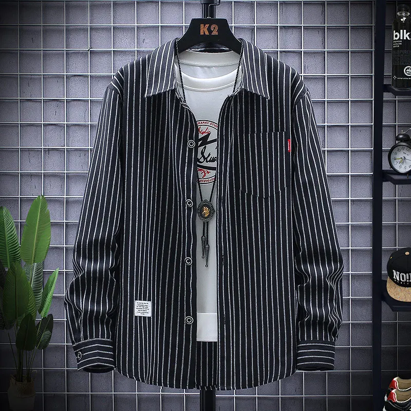 

the spring and autumn 2021 men long sleeve shirt stripe leisure shirt han edition men's fashion long-sleeved shirt