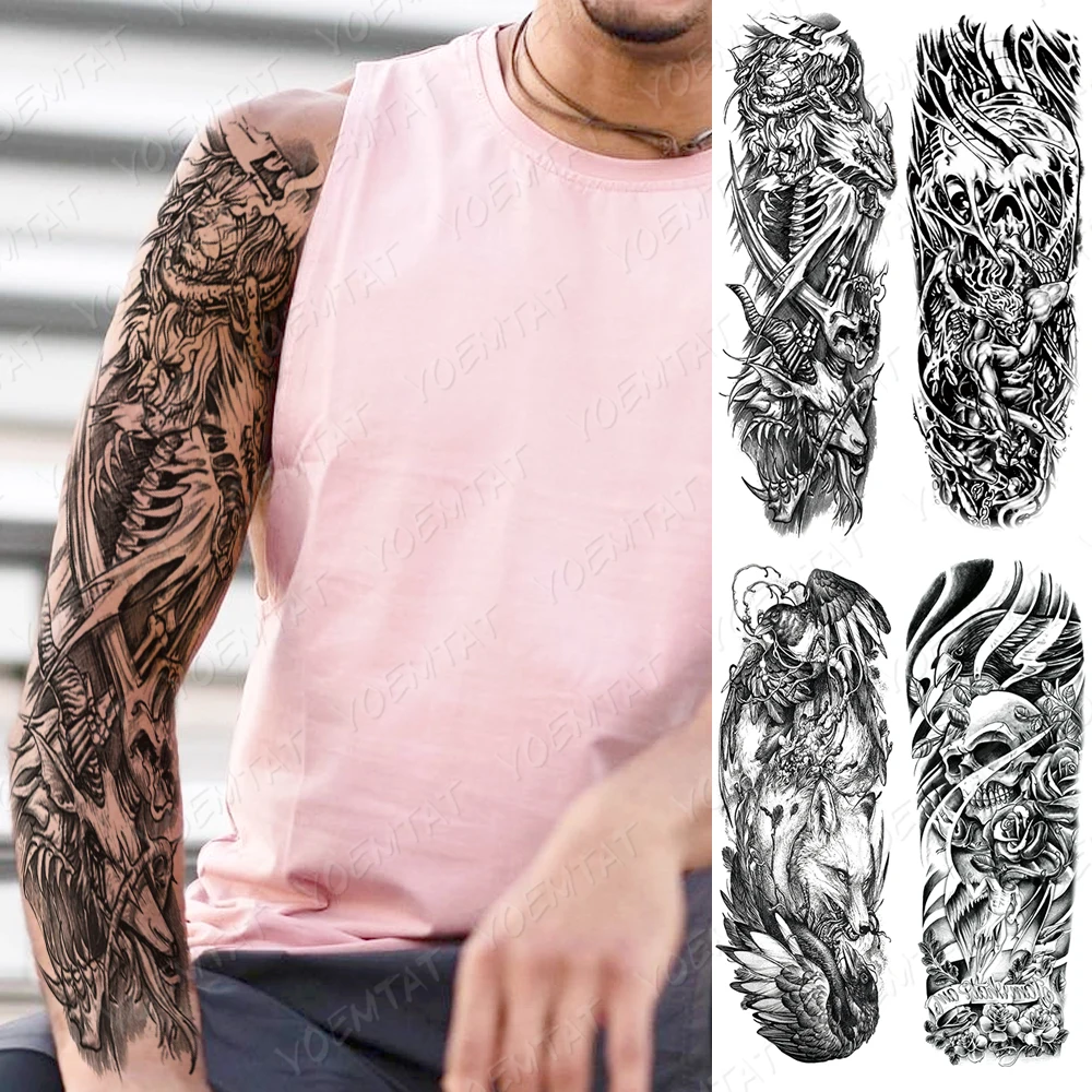 

Waterproof Temporary Full Arm Tattoo Sticker Lion Fox Skull Forest Flower Flash Tattoos Man Body Art Fake Sleeve Tatto Female