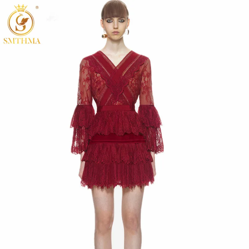 Женское ажурное платье SMTHMA кружевное лоскутное с высокой талией весна 2020|runway