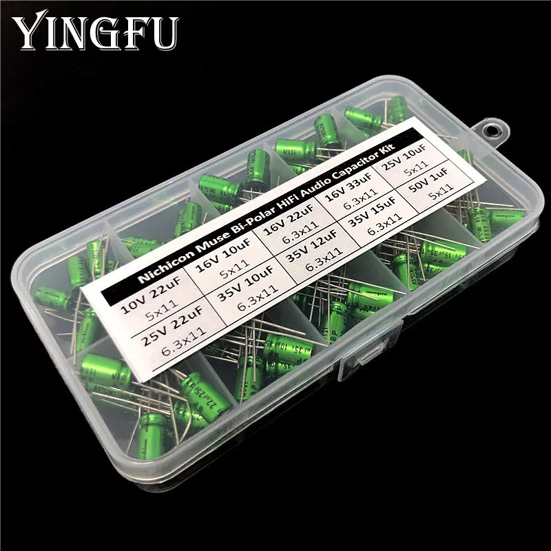 

Nichicon Muse BP Bi-Polar HiFi Audio Capacitor assorted kit box assortment 10V~50V, 1uF~33uF Non-Polar total 100pcs copper feet