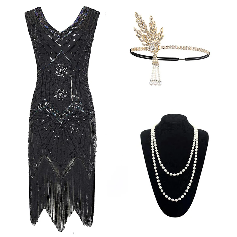 Pure Black Set Винтажное женское платье 1920s Gastby со сплошным расшитым блестками Сетчатое платье в стиле модерн украшенное бахромой платье размера плюс черный/зеленый/белый/золотой - Цвет: Pure Black Set