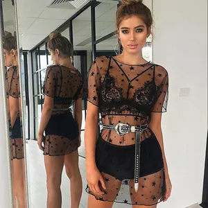 Сексуальная Женская сетчатая накидка для бикини, летняя прозрачная накидка для купальника с коротким рукавом и принтом звезд, Пляжная накидка черного цвета для женщин