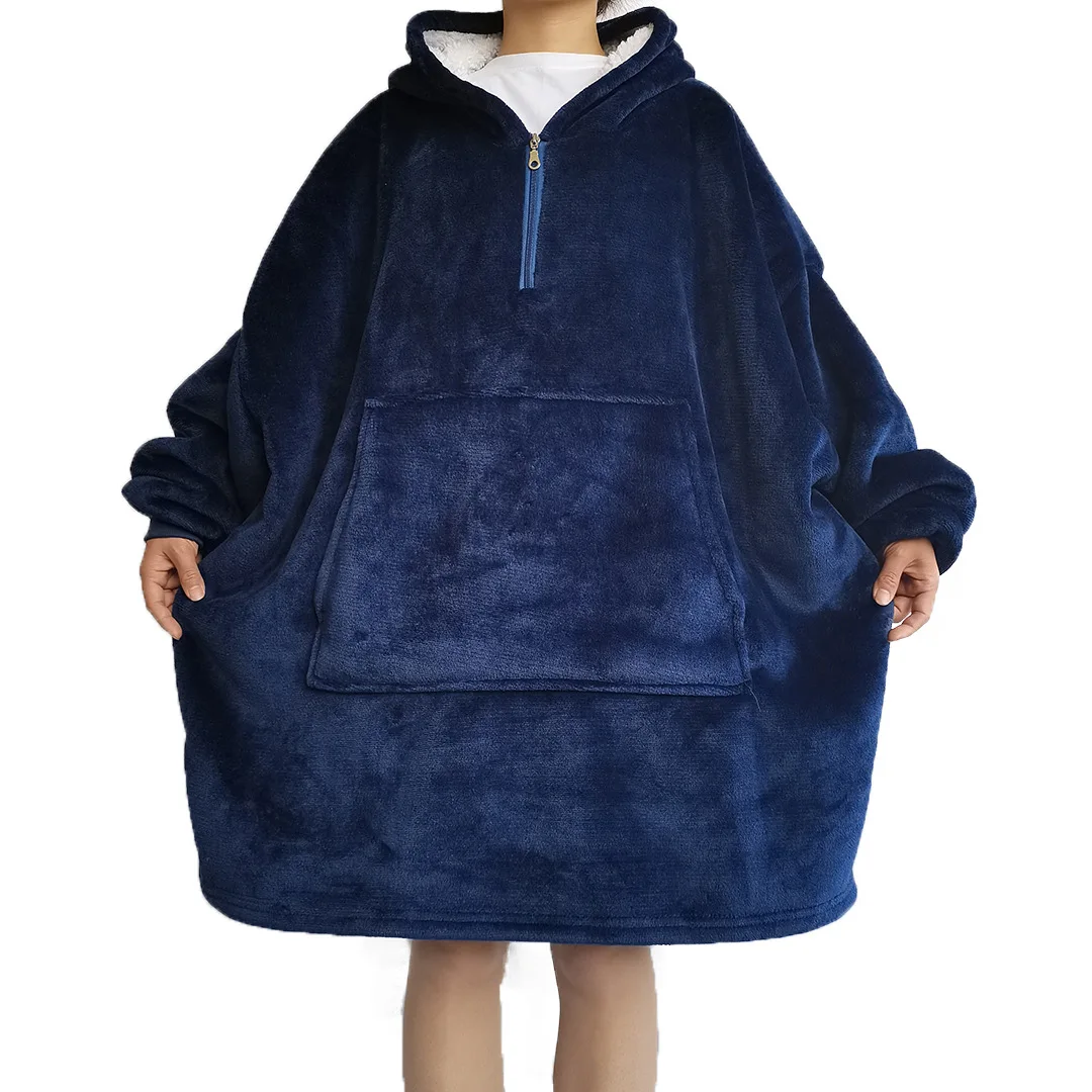 

Navy Blue Hooded Autumn Winter New Caral Fleece Nightwear Home Clothing Casual Women Homewear With Pocket Intimate Lingerie