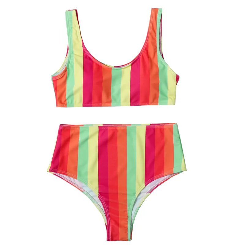 

Women Colorful Stripe Print Bikini Backless Swimwear Bathing Suits Striped Swimsuit Sexy Swimwear Women High Waist Plus