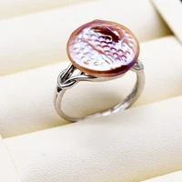 baroque coin ring natural freshwater pearl 17mm white purple flat coin pearl silver ring adjustable shield ring womens ring