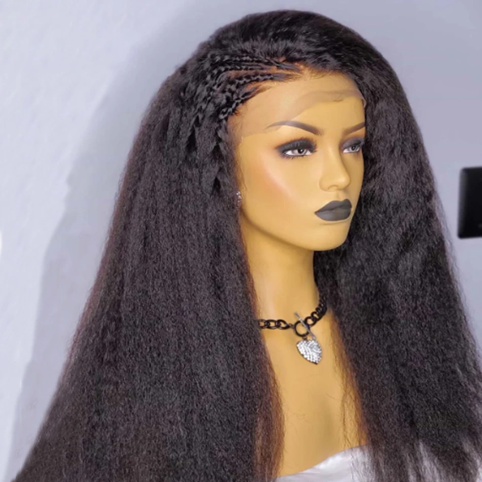 

Middle Part 180% DensityGlueless 26Inch Long Yaki Kinky Straight Synthetic Lace Front Wig For Black Women PrePlucked BabyHair