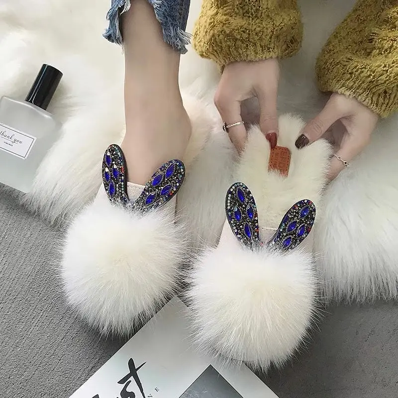 

Fox Fur Shoes 2021 New Korean Version Fur Slippers Women Net Infrared Wear Rabbit Fur Cotton Slippers Women Winter