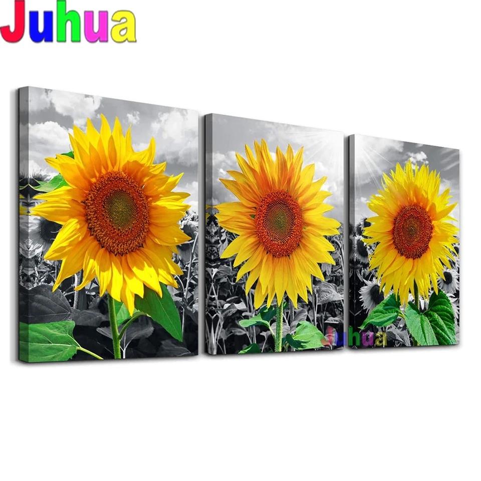 

Full Square Round Drill Diamond Embroidery Golden Sunflowers 5D Diy Diamond Painting Mosaic Flower art Triptych Home Decor