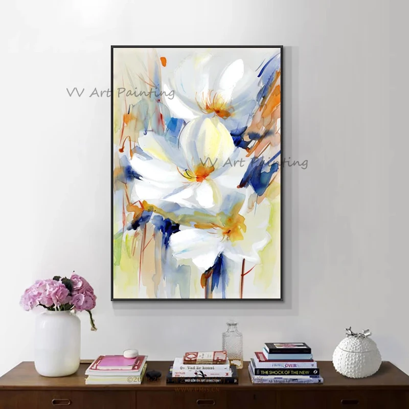 

Large Size Frameless 100% Handmade Abstract Flower Oil Painting Canvas Mural Artwork White Lily Pictures For Living Room Decor