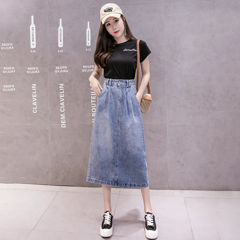 

New Arrivals Mid Length Skirt Casual Women Buttoned Elastic High Waist Side Pockets Skirts Summer Elegant Female Bottom B04311B