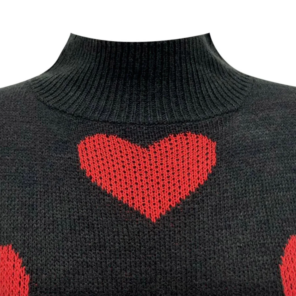 Женский Повседневный зимний свитер принт красное сердце черный с длинным