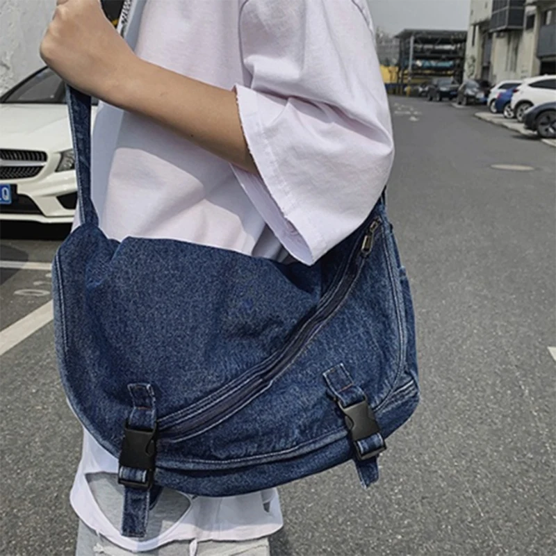 

Washed Denim Tooling Messenger Bag Men and Women Personality Street Student Sports Shoulder Bag Dark Blue