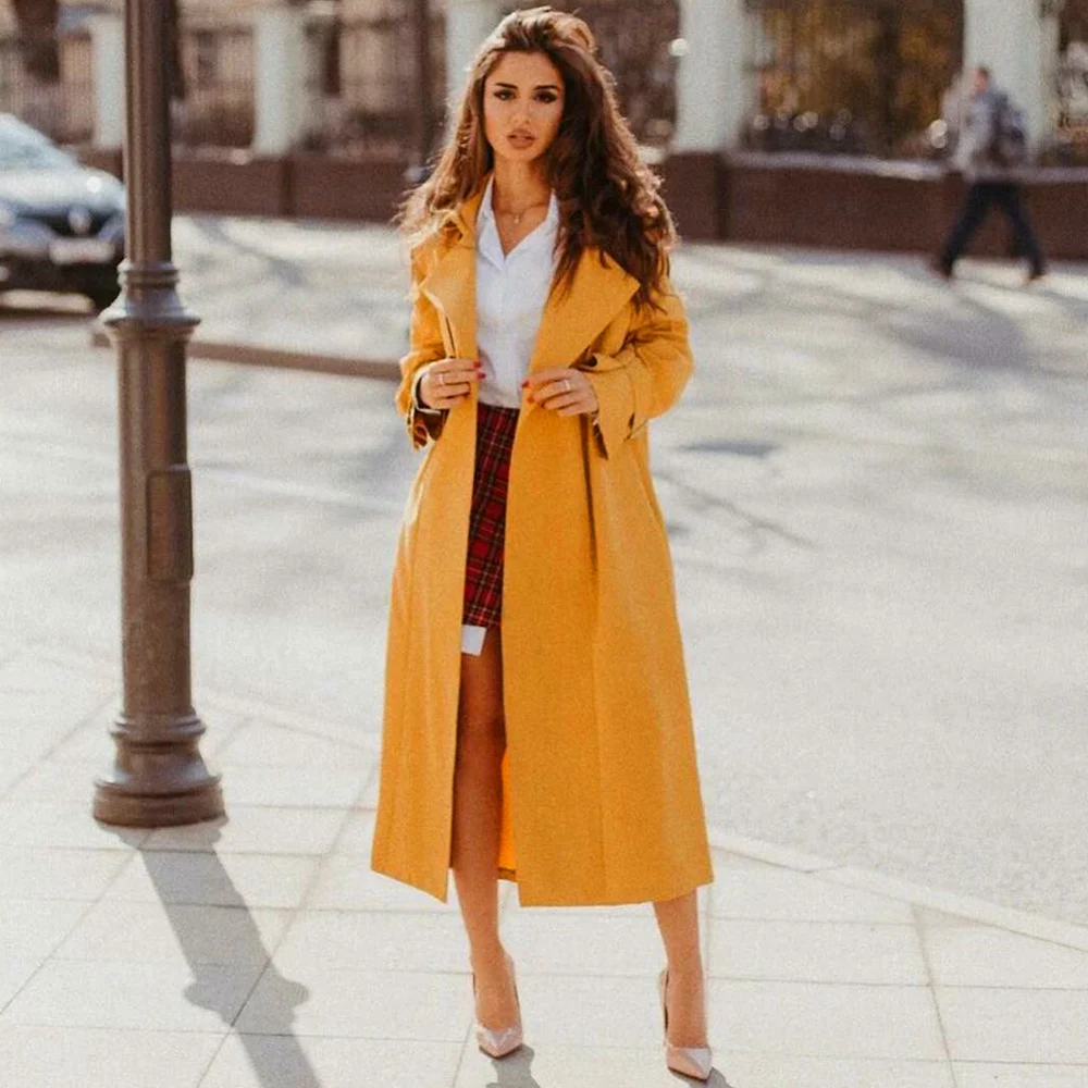 Ginger Yellow Мода, Осенний Повседневный длинный плащ, шикарный офисный Женский Тренч с поясом, Женская Классическая ветровка, верхняя одежда D25 - Цвет: Ginger Yellow