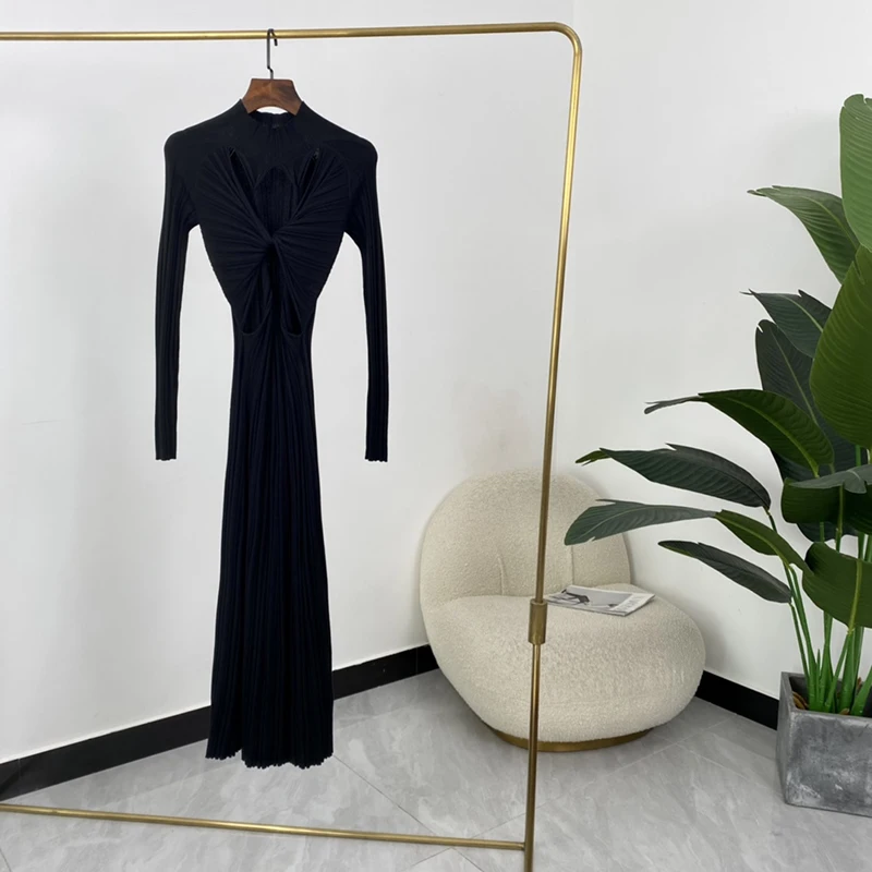 

2021 Autumn Winter New Solid Black Purple White Designer Original Cut Out Sheath Sexy Mid-Calf Knit Sweater Dress