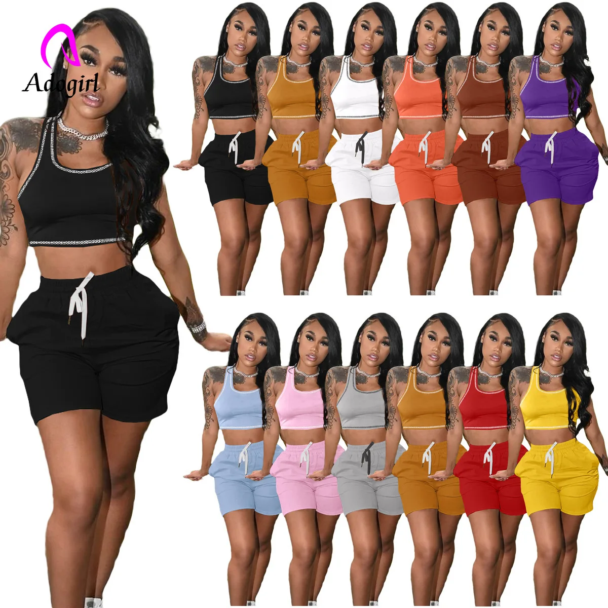 

Fitness Women 2 Piece Set Solid Crop Tank Top + Drawstring Baggy Shorts 2021 Summer New Short Jogger Set Sporty Active Tracksuit