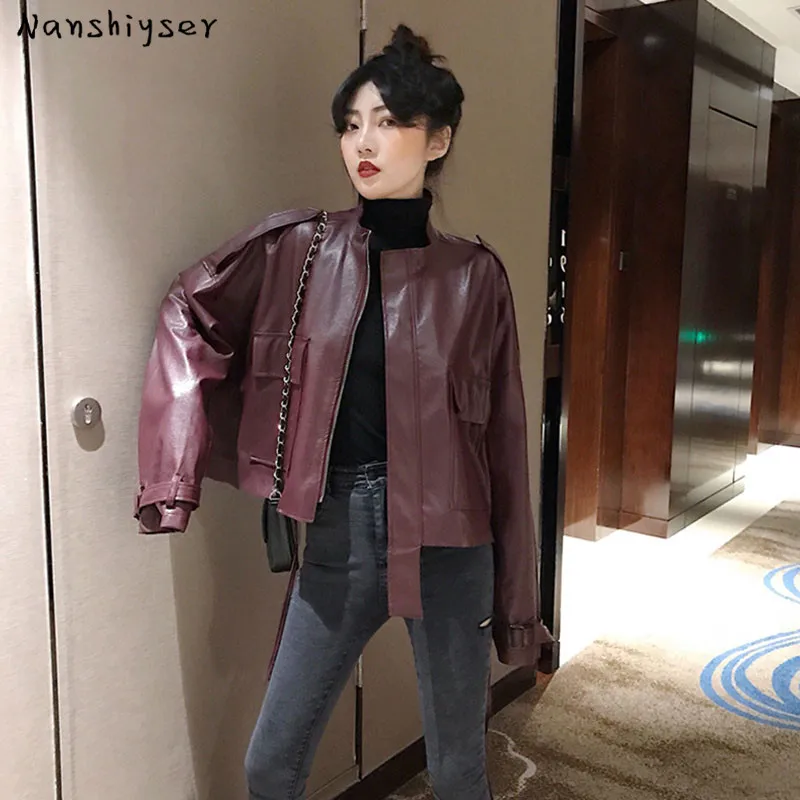 

Женская байкерская куртка из искусственной кожи, байкерская куртка со шнуровкой и поясом на весну и осень, уличная мода, Свободная рабочая к...