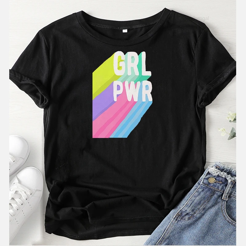 Футболка женская с принтом GRL PWR оверсайз топ графическим круглым вырезом в стиле