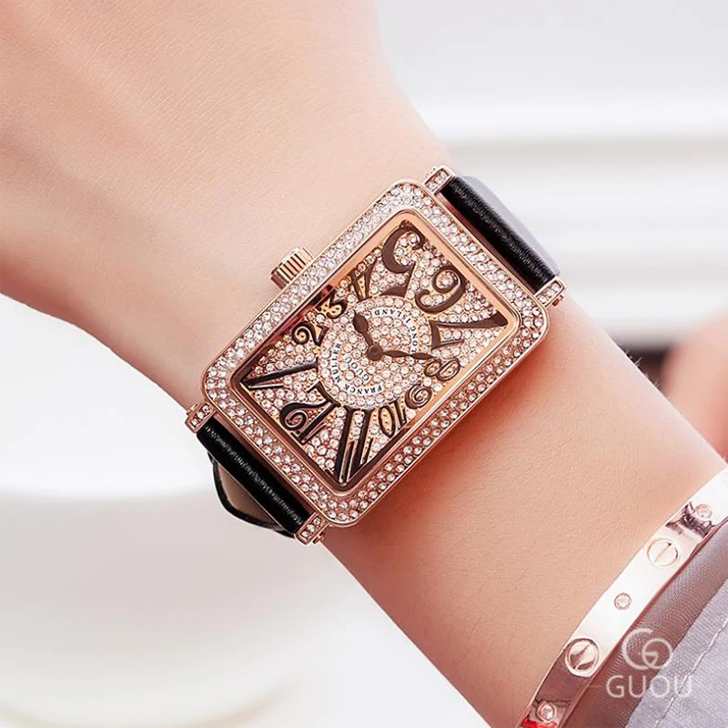 KOL SAATI LADIES WRISTWATCHES  TOP GENUINE LEATHER WATCH BAND FULL PAVED DIAMOND WOMEN WATCH RELOJ MUJER RELOGIO