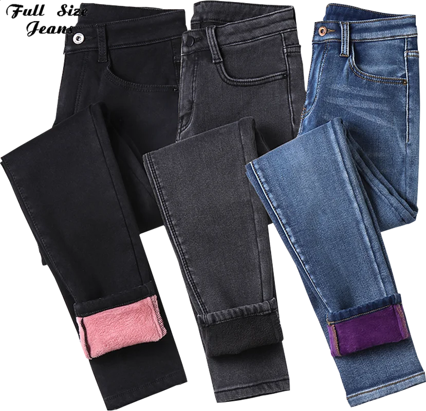 

Plus Size Women Clothing Velvet Stretch Skiny Long Jeans Mom 7XL Winter Fleece Pencil Denim Pants Women Jean Fashion