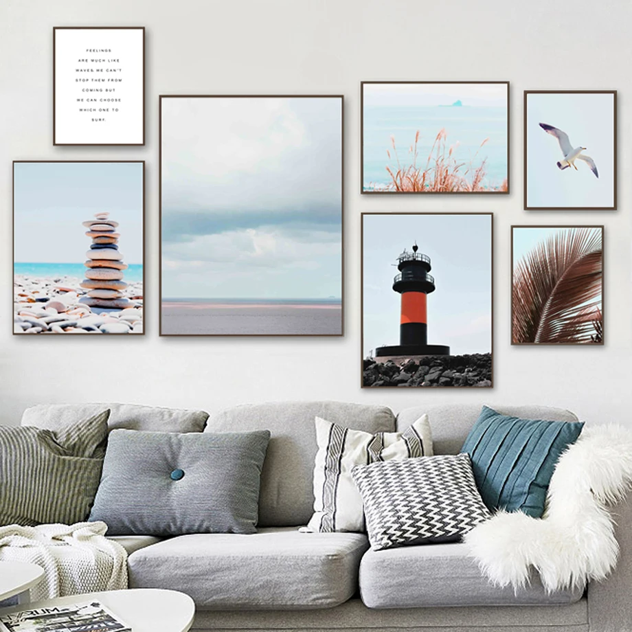 

Wall Art Canvas Painting Seagull Reed Cloud Stone Lighthouse Palm Nordic Posters Prints Wall Pictures For Living Room Decoration