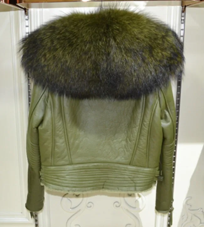 Luxury Genuine Real Large Raccoon Fur Collar Wool Lined Coat for Women Natural Sheepskin Leather Shearling Jackets Pink Green