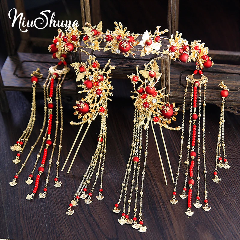 

NiuShuya Classic Chinese Bridal Headdress Earrings Long Tassel Gold Butterfly Red Pearl Flower Wedding Jewelry Hair Accessories