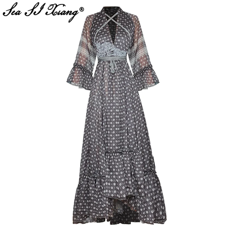 

Seasixiang Fashion Designer Summer Long Chiffon Dress Women Lace Up V-Neck Flare Sleeve Flower Print Bohemian Maxi Dresses