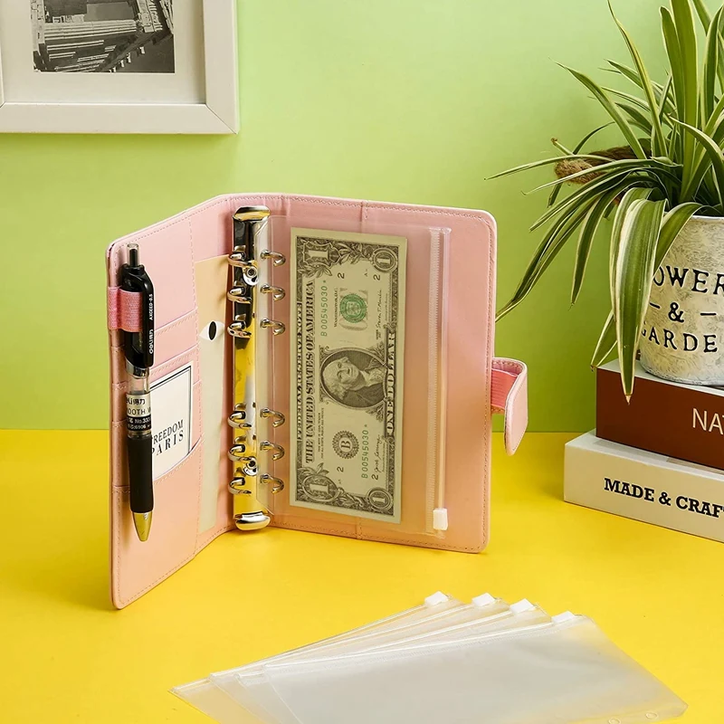 

A6 PU Leather Notebook Binder Cover with 12Pcs Binder Pockets,6Ring Cash Budget Binder Loose Leaf Zipper Bags Envelope