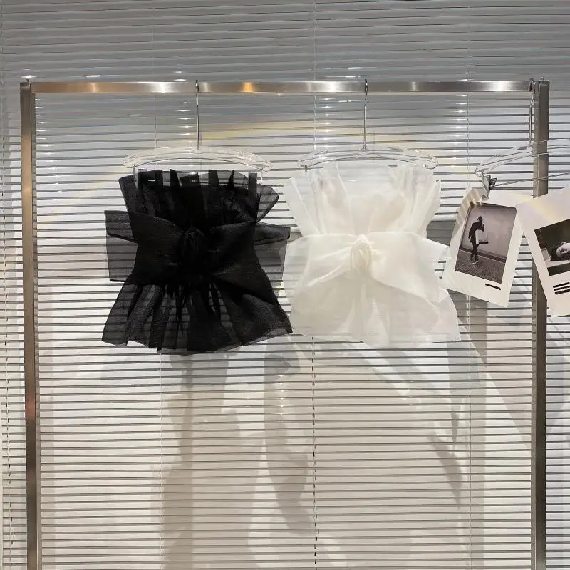 

Sexy Mesh Lace Bow Slim Waist Black Vest Tube Top for Women 2021 Summer New Temperament Camisole Tank Tops Female Party Crop Top