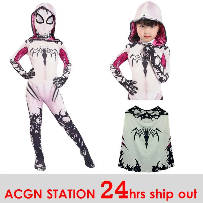 

Spider-Gwen girls Cosplay Costumes Spandex Spderman Hoodies with Headgear Costumes Suitable for Halloween 24 Hrs Shipped Out