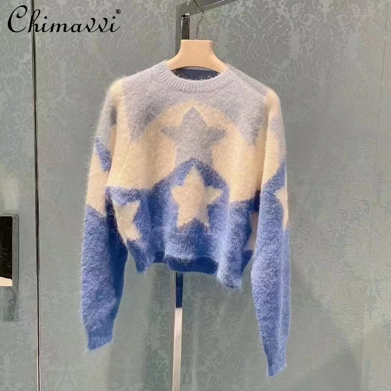 

2021 New Fashion Five-Pointed Star Round Neck Multicolor Long Sleeve Knitted Pullover Short Mohair Sweater Winter Clothes