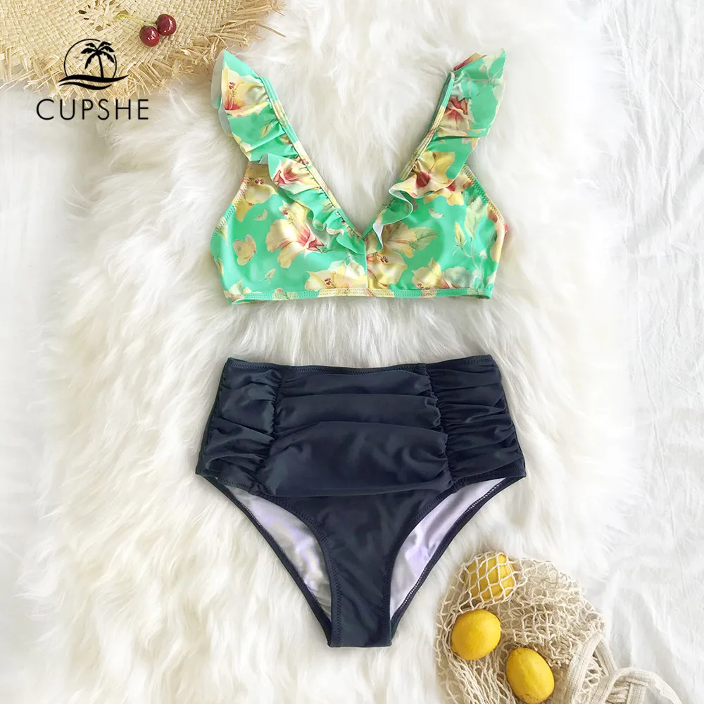 CUPSHE/милые гофрированные женские комплекты бикини с высокой талией и рюшами Boho