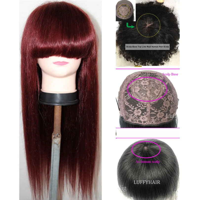 

99j Scalp Top Machine Human Hair Wig with Bangs Glueless Brazilian Dark Wine Silky Straight Silk Base Scalp Top Wig For Women