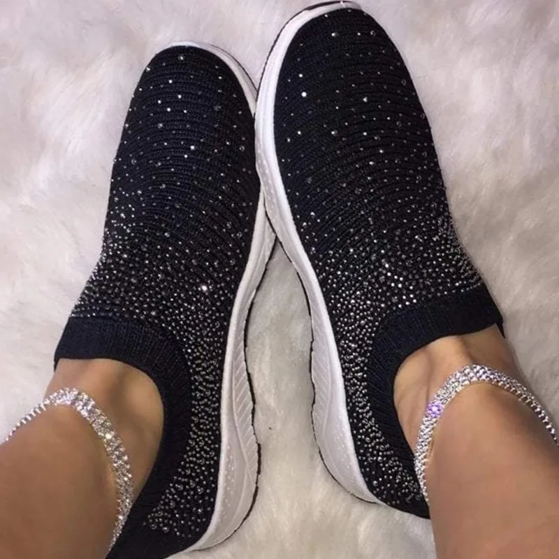 

2021 Fall/winter New Diamond-studded Flying Knit Sneakers Women's Plus Size Casual Women's Shoes Size 43 Women's Flat Shoes
