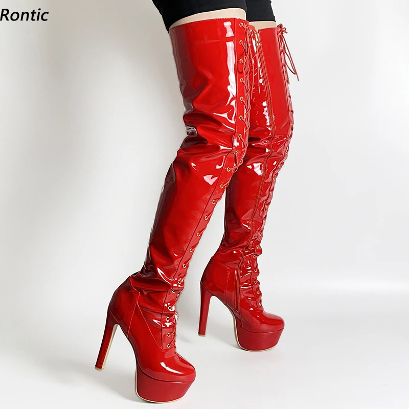 

Rontic New Fashion Women Winter Thigh Boots Shiny Platform Thin Heel Round Toe Pretty Black White Red Cosplay Shoes US Size 5-16