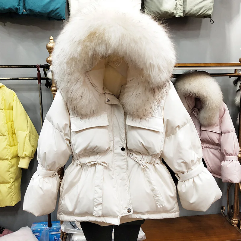 2020 Winter Raccon Fur Hoody Cream Beige White Duck Down Coat Women Jacket