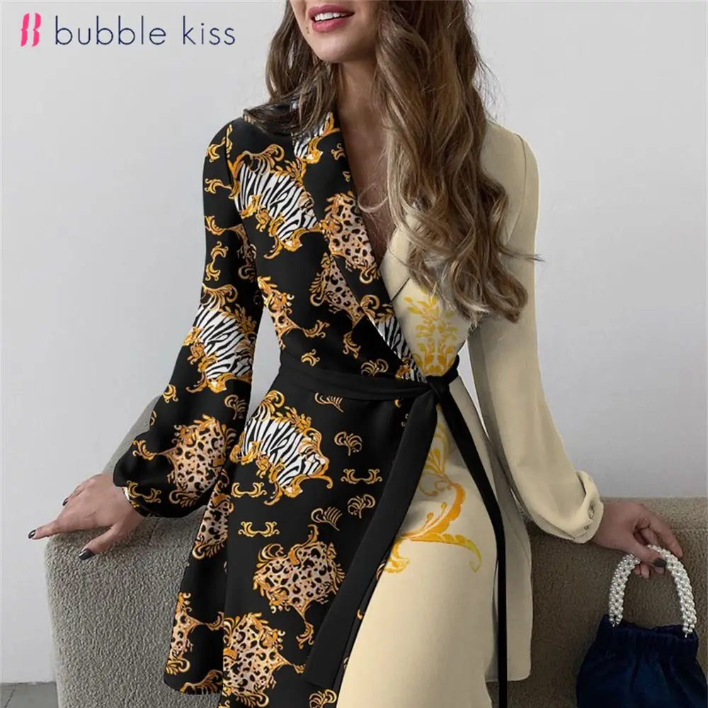 

Spring New Dress Women Elegant Office Lady V-Neck Lacing Long Sleeves Print Patchwork A-Line Dress Female Banquet Casual