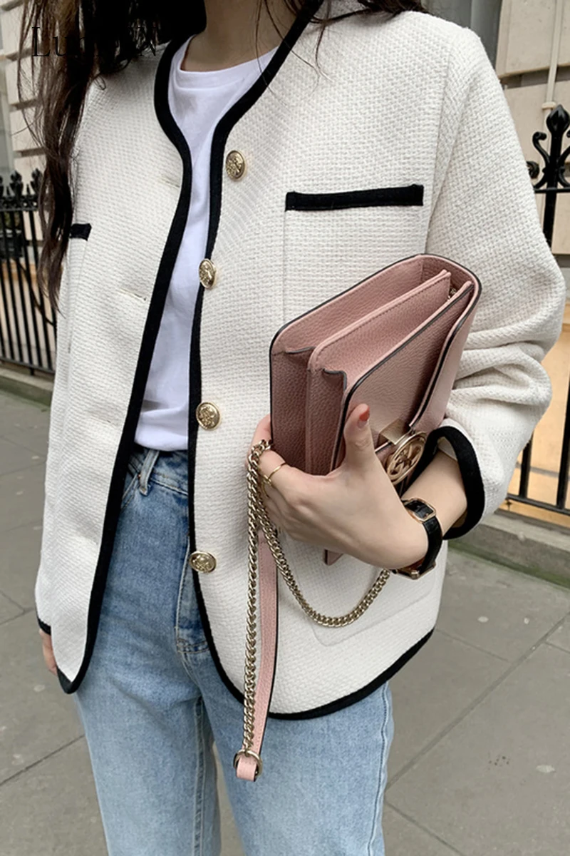 

Korea Chic Spring Autumn Jackets O Neck Trim Contrast Color Chic Single Breasted Loose Multi-pocket Design Short Jacket Female