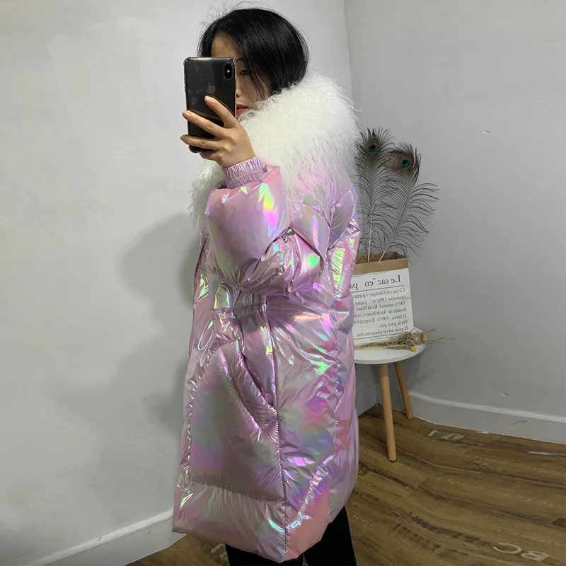 Женский пуховик с натуральным мехом Janveny водонепроницаемая блестящая