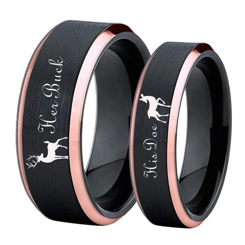 

Deer Family Tungsten Ring Elk Design Her Buck His Doe Wedding Band Ring Black With Rose Golden Custom Engraved Personalized