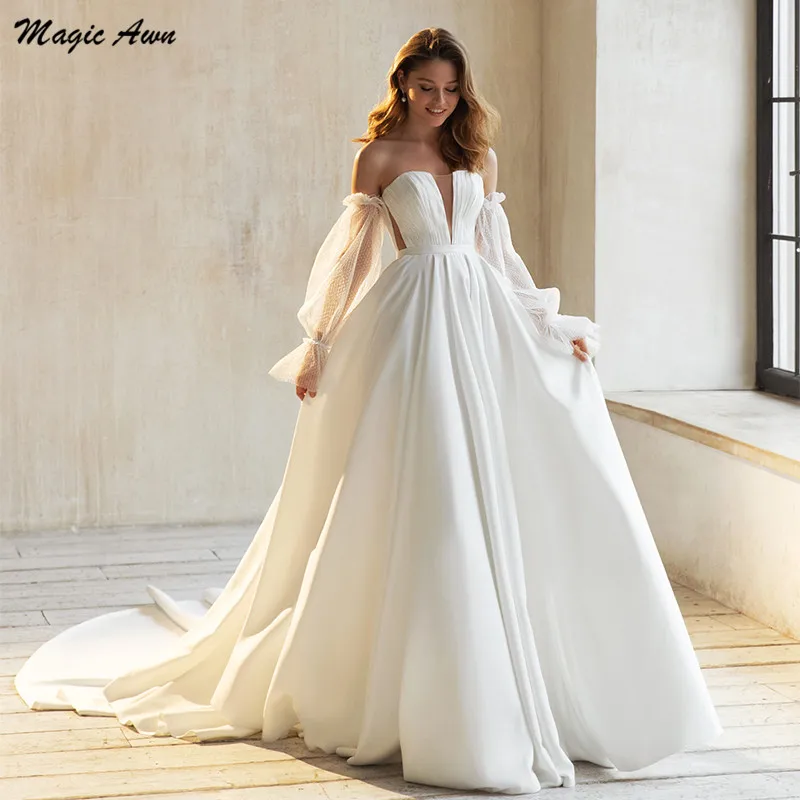 

Magic Awn Vestidos Beach Wedding Dresses Satin Sweetheart Detachable Puff Sleeves Illusion A-Line Boho Wedding Party Gown Robes