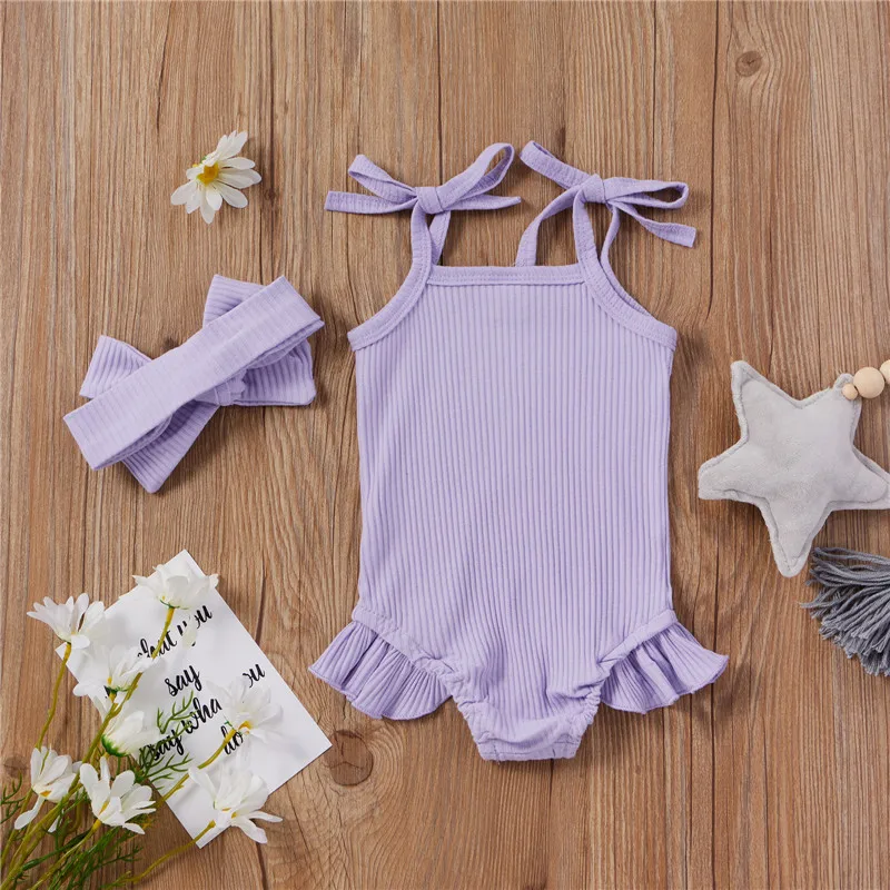 

Infant Newborn Baby Girls Summer Ribbed Cotton Outfits, Sleeveless Self Tie Strap Ruffle Bodysuit with Headband Set