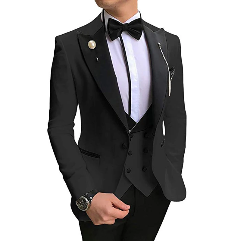 Темный цвет Aesido Повседневное Для мужчин костюмы Slim Fit 3 предмета лацкан с тупым
