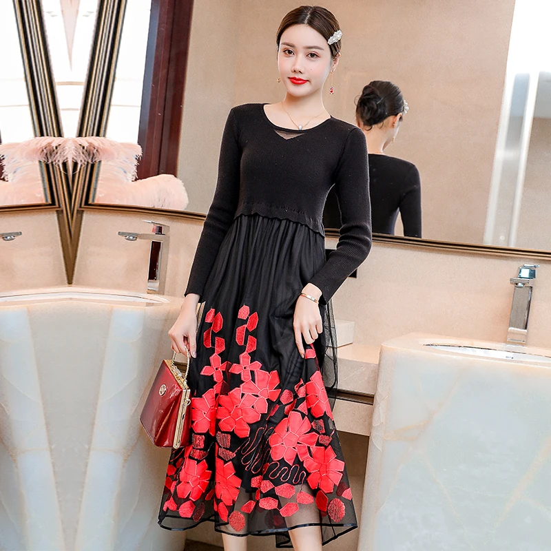 

New Autumn And Winter Black Ladies Chinese Style O-Neck High Waist Mesh Embroidery A-line Dress Plus Size S-XL