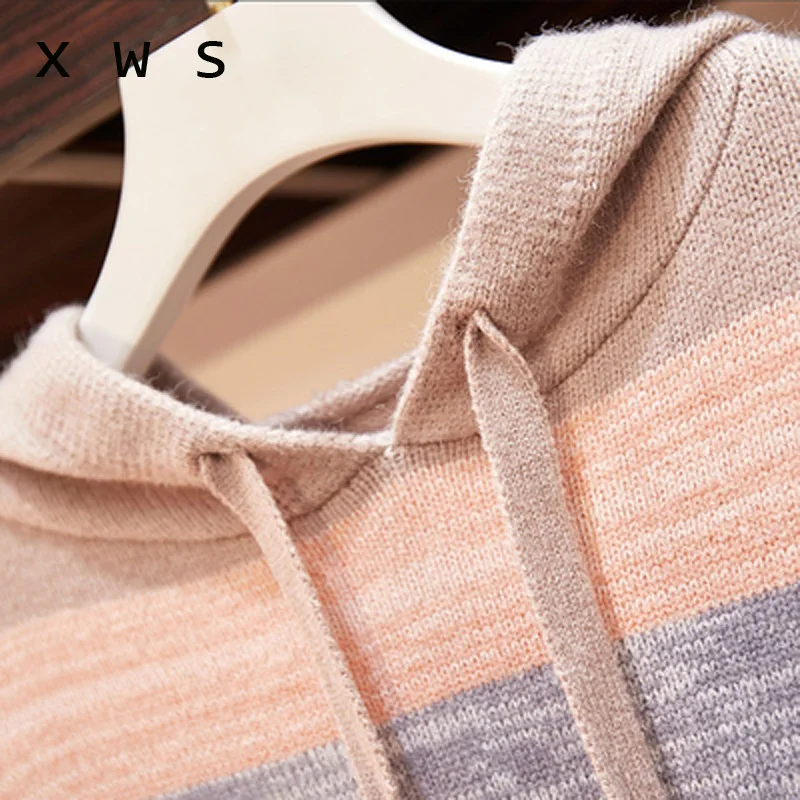 

plus size women autumn winter hooded sweater 2020 fashion long sleeve stripe kint female jumper loose oversized pullover