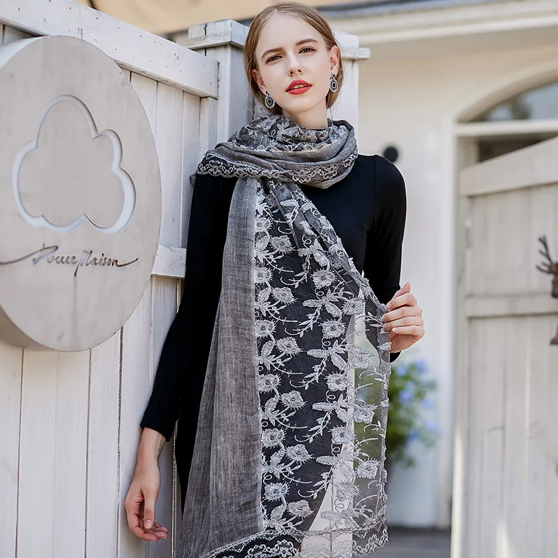 

Элегантный женский шарф из хлопка и льна с кружевной вышивкой шарфы палантины женский пляжный бандана палантины вечернее платье с отложным...