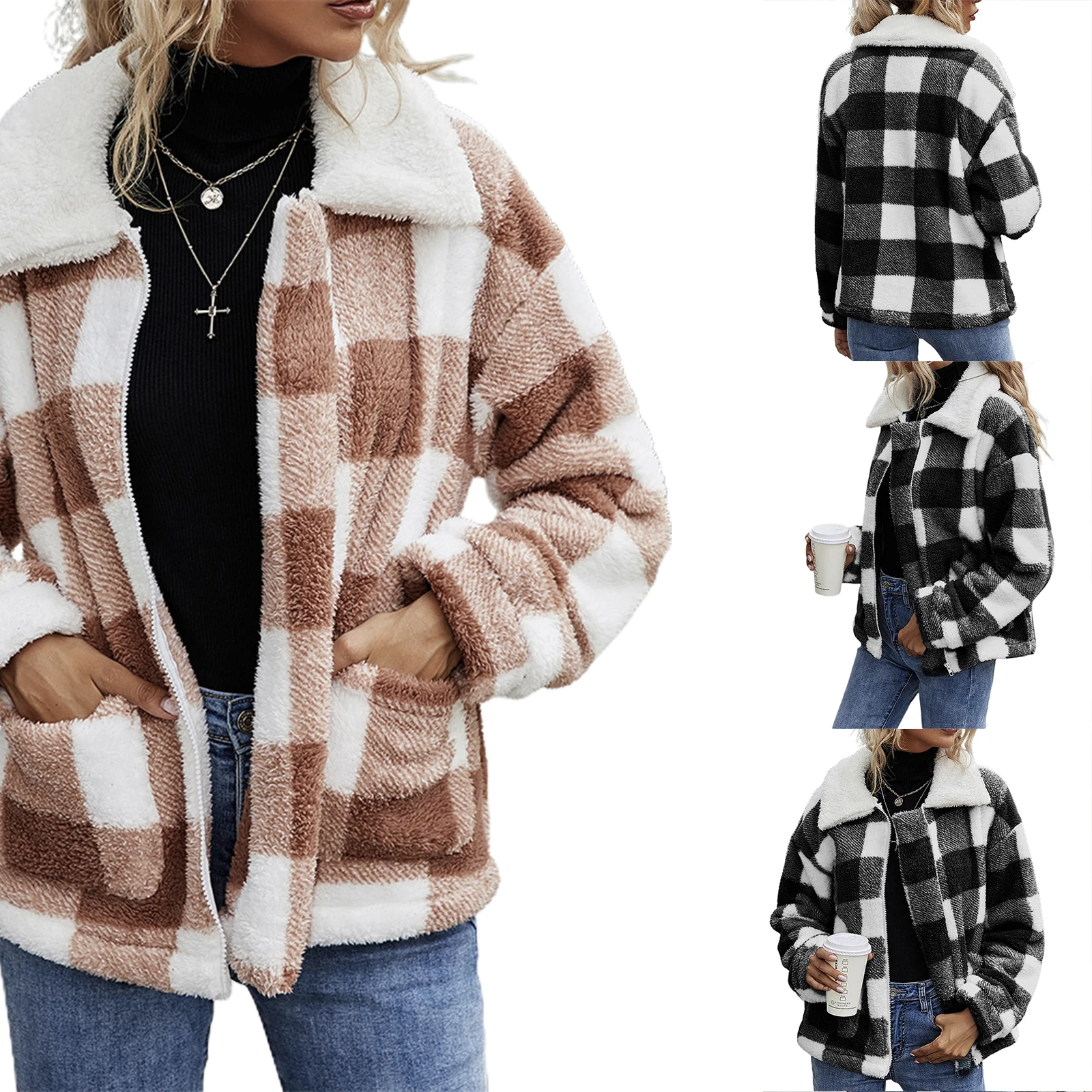 

Женское теплое пальто на зиму, теплое флисовое приталенное пальто с карманами, на молнии, с принтом в клетку, черного/коричневого цвета